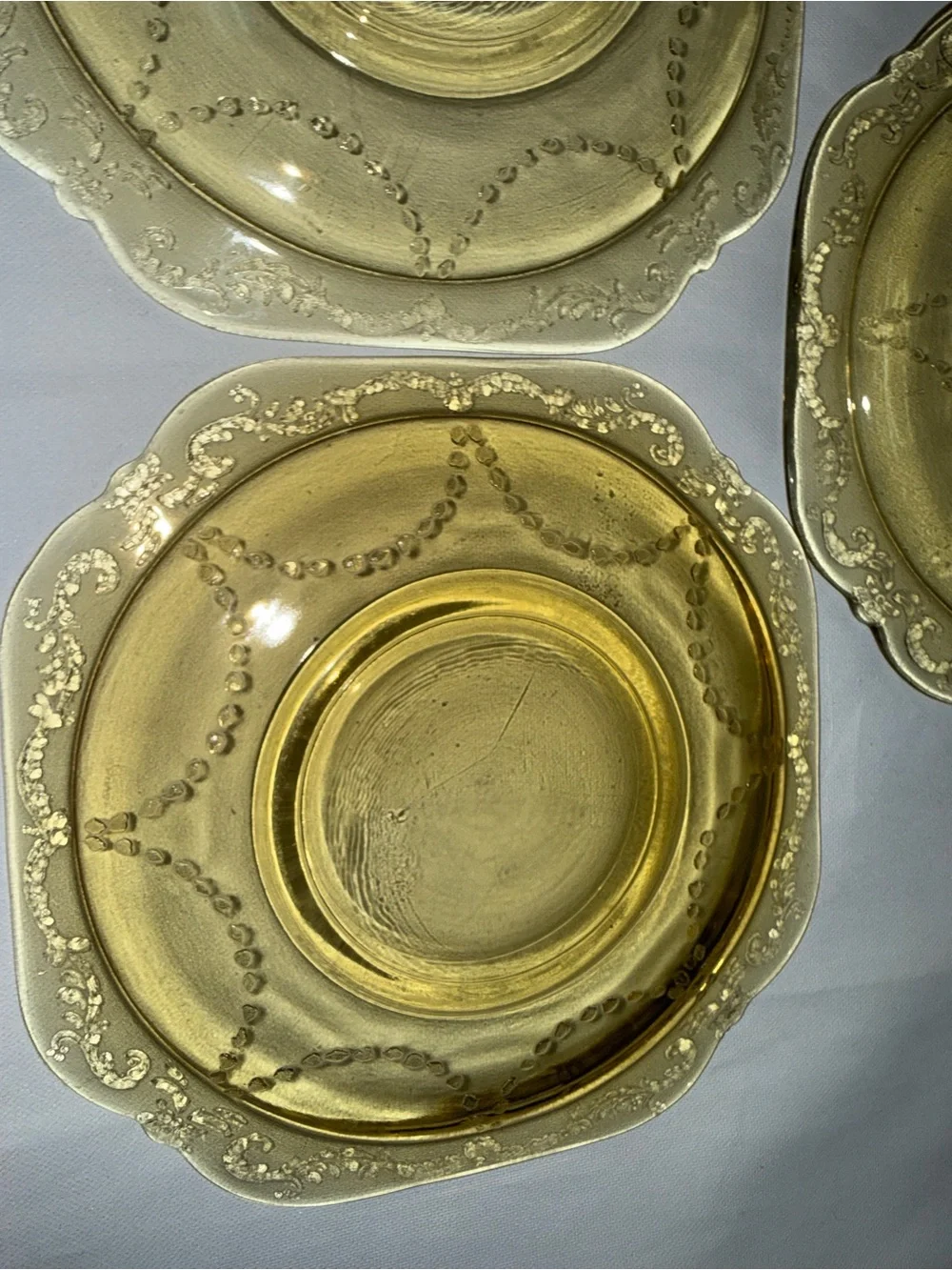 Vintage Amber Depression Glass Square Saucers Set of 3 Etched